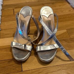 Jimmy Choo Metallic Silver Cork Wedge Strappy Heels